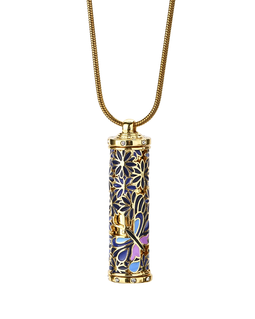 Royal Blue Butterfly Cloisonne Cremation Necklace Royal blue butterfly cloisonne cylinder cremation necklace with openwork detailing and gold-tone snake chain