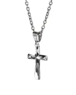Sculpted twisted cross stainless steel pendant necklace with polished dimensional details