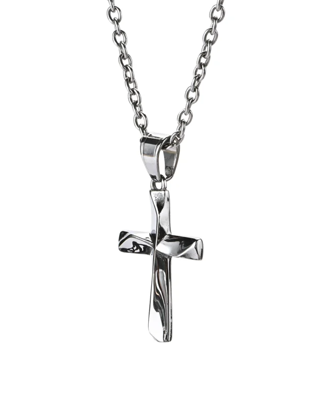 Sculpted twisted cross stainless steel pendant necklace with polished dimensional details