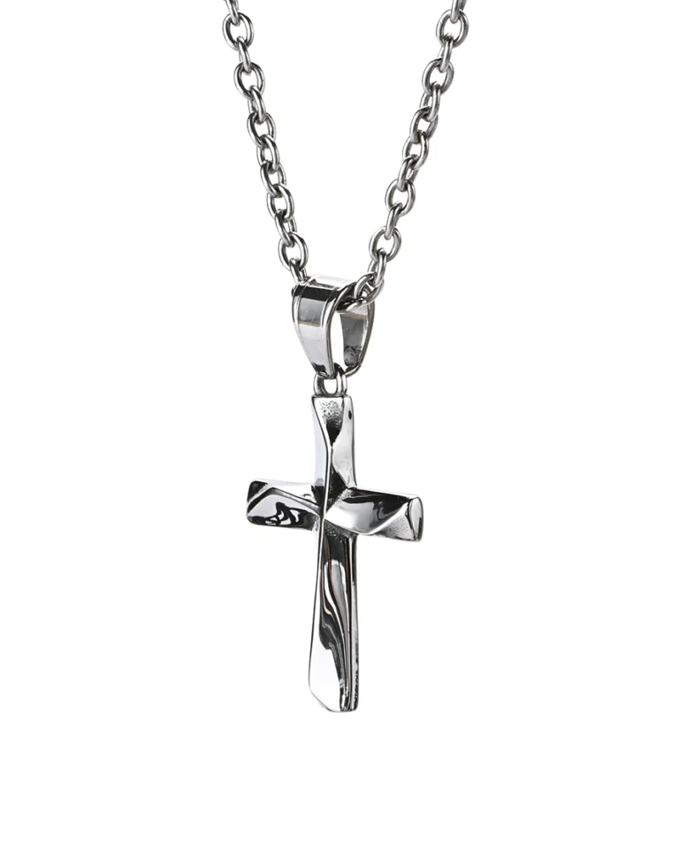 Sculpted twisted cross stainless steel pendant necklace with polished dimensional details