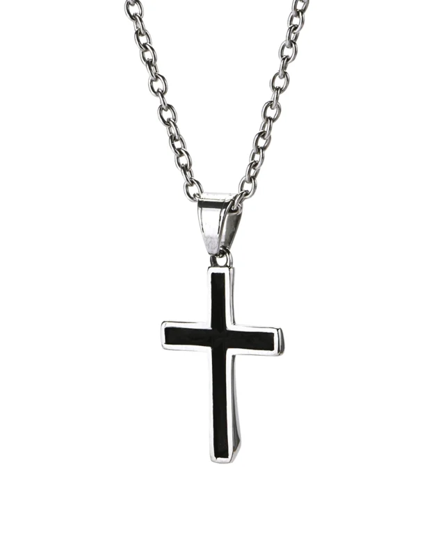 Back view of twisted cross stainless steel pendant showing the smooth reverse surface