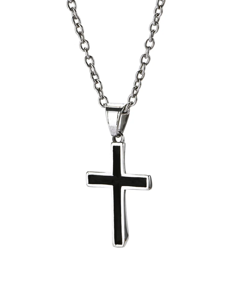 Back view of twisted cross stainless steel pendant showing the smooth reverse surface