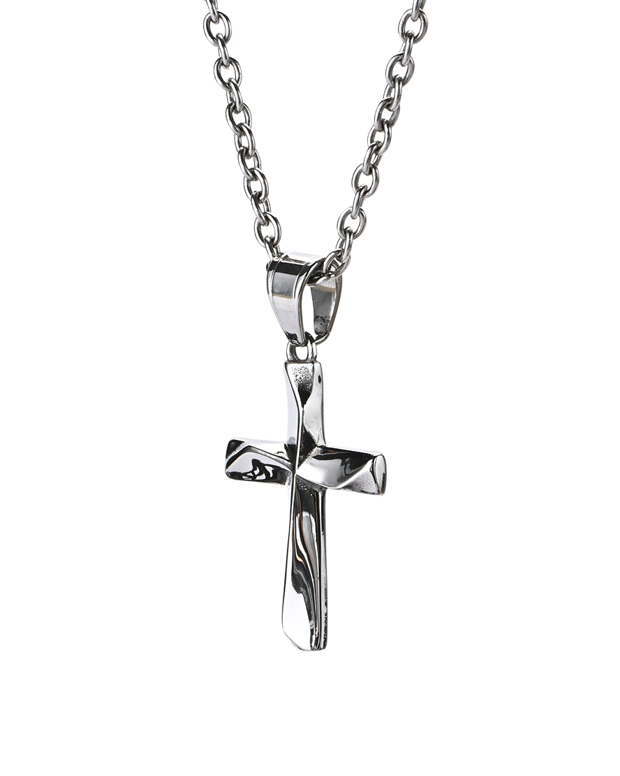 Twisted Cross Stainless Steel Keepsake Necklace Sculpted twisted cross stainless steel pendant necklace with polished dimensional details