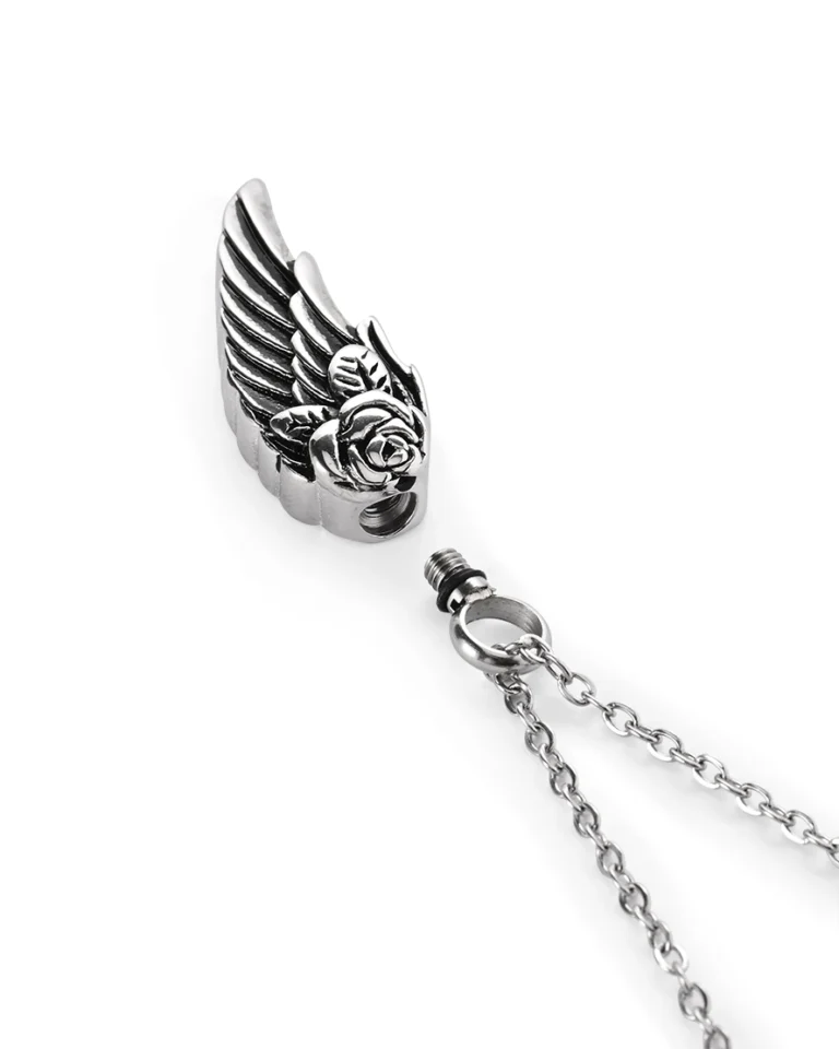 Screw-in top opening and rubber gasket on rose angel wing urn necklace for ashes
