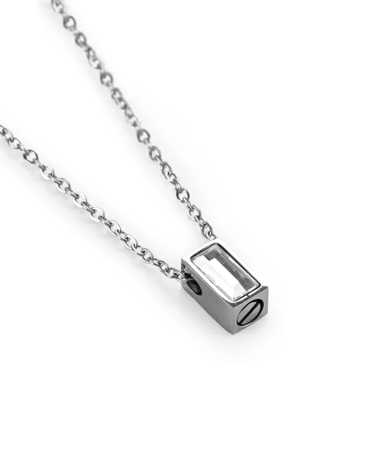 Clear rectangle bar urn necklace for ashes with faceted center and compact 316L stainless steel body