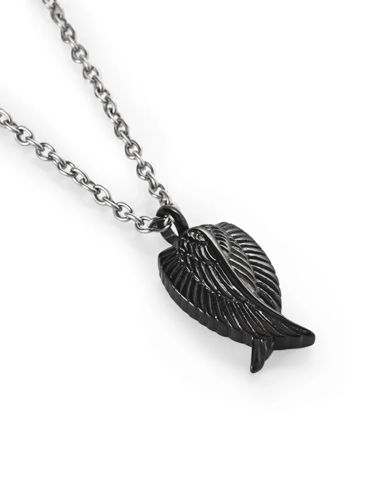 Black angel wing urn necklace for ashes with overlapping sculpted feathers in 316L stainless steel
