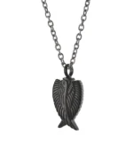 Front view of black angel wing urn necklace with two sculpted wings and layered feather detailing