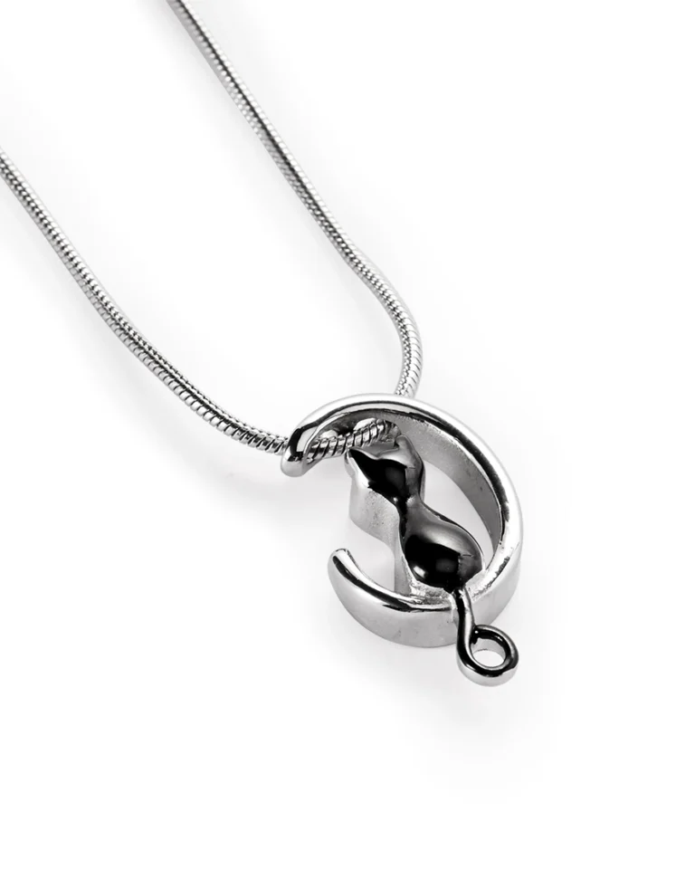 Black cat moon urn necklace for ashes with polished crescent pendant and 20 inch stainless steel snake chain
