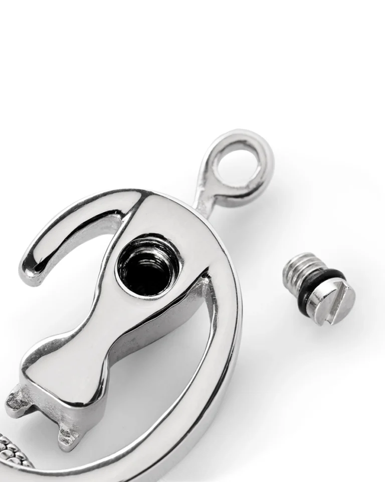 Rear screw opening and rubber gasket on black cat moon urn necklace for ashes