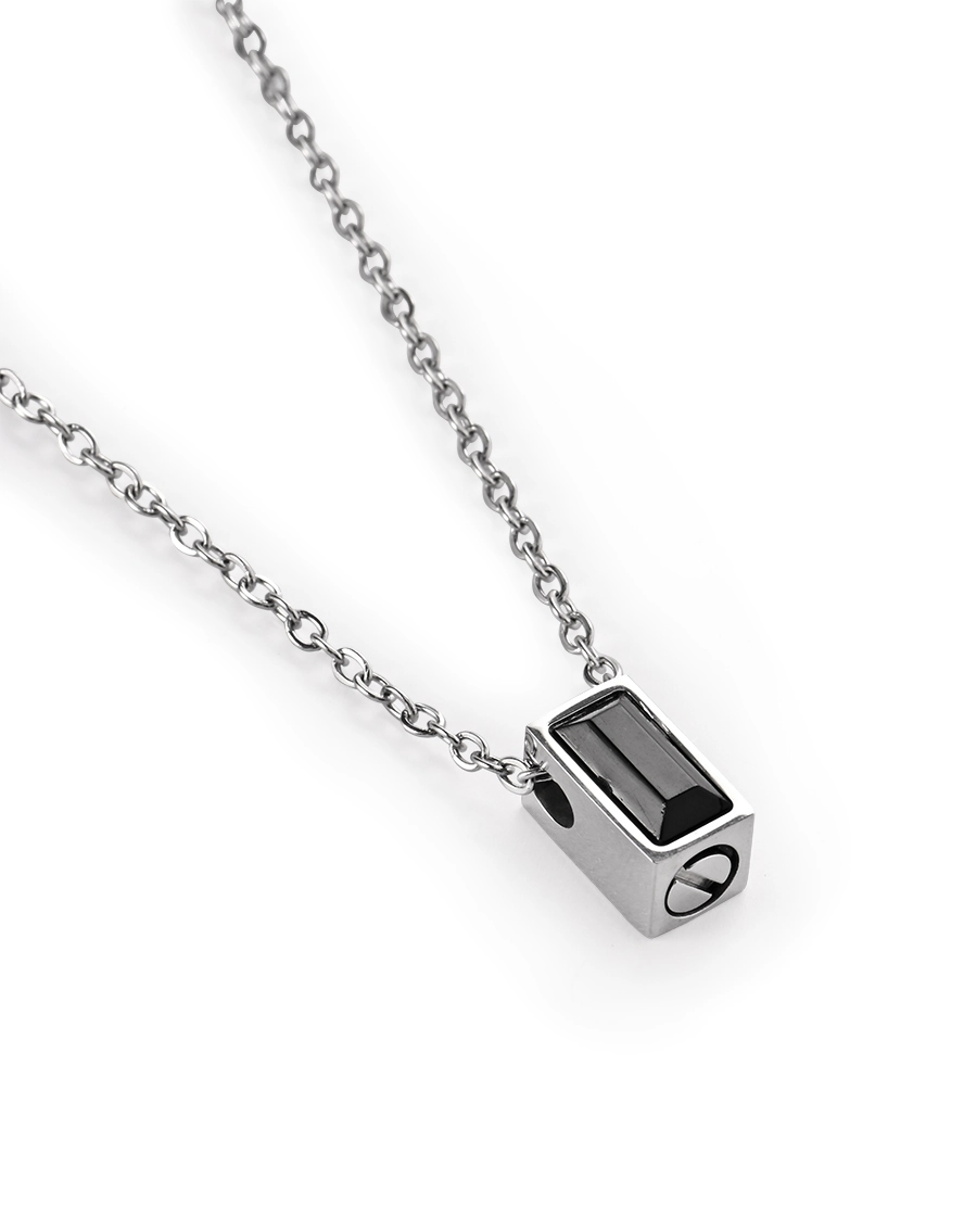 Black Rectangle Urn Necklace for Ashes Black rectangle urn necklace for ashes with faceted center, polished 316L stainless steel body and 20 inch chain