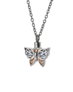 Front view of blue butterfly cremation necklace with blue and warm orange wing accents