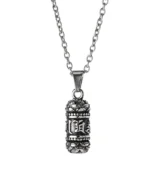 Buddhist prayer wheel cremation necklace with sculpted lotus-inspired details and stainless steel chain