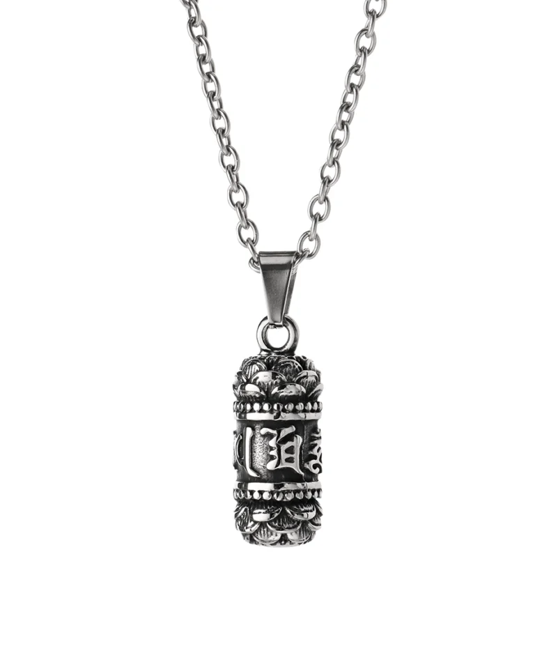 Buddhist prayer wheel cremation necklace with sculpted lotus-inspired details and stainless steel chain