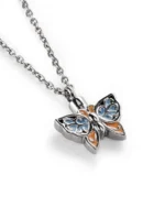 Blue butterfly urn necklace for ashes with sculpted stainless steel wings and 20 inch chain