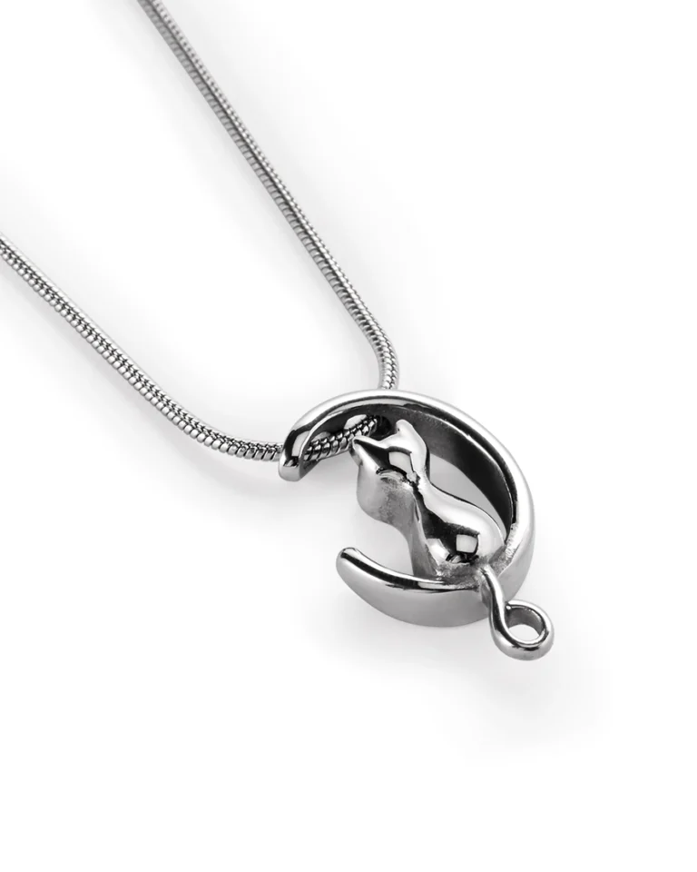 Silver cat moon urn necklace for ashes with sculpted crescent pendant and 20 inch stainless steel snake chain