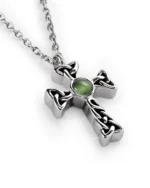 Celtic cross urn necklace for ashes with green center, sculpted knotwork and 20 inch stainless steel chain