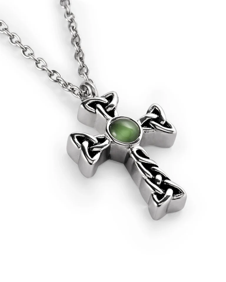 Celtic cross urn necklace for ashes with green center, sculpted knotwork and 20 inch stainless steel chain