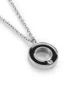 Circle of Life cremation necklace for ashes with black and polished 316L stainless steel open-ring design and crystal accent
