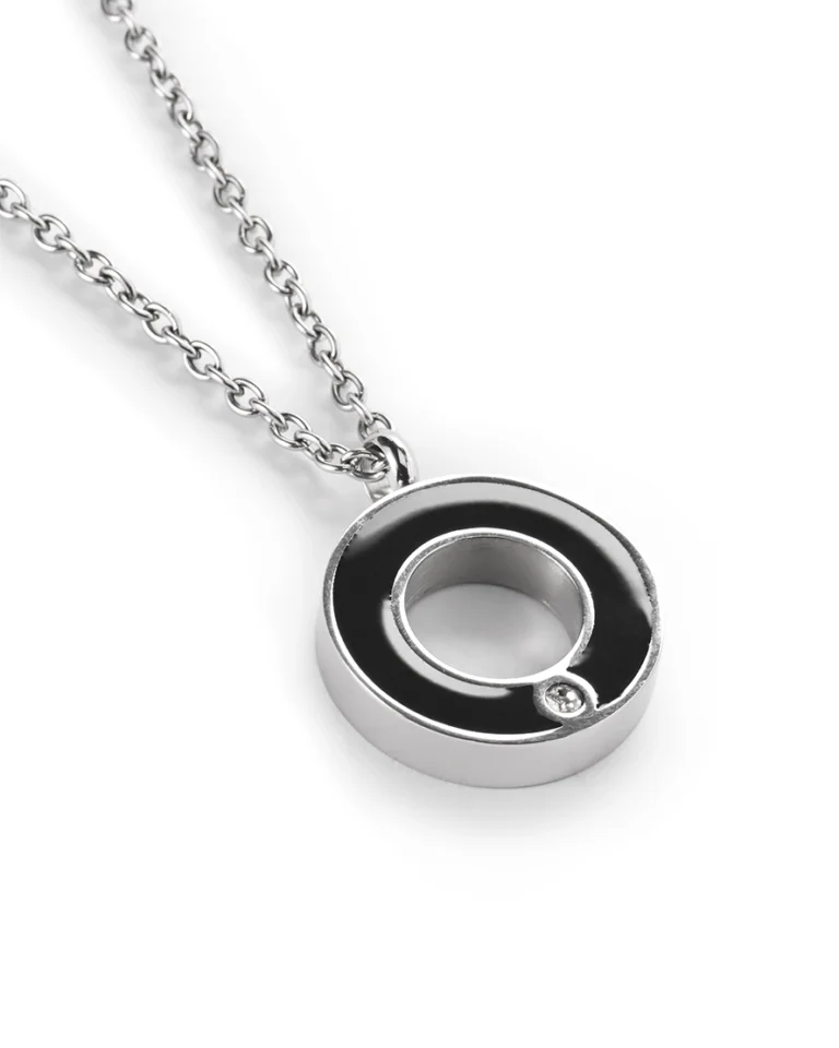 Circle of Life cremation necklace for ashes with black and polished 316L stainless steel open-ring design and crystal accent