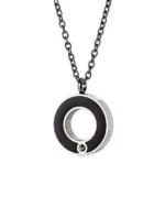 Front view of Circle of Life cremation necklace with black circular inset, open center and single clear crystal accent