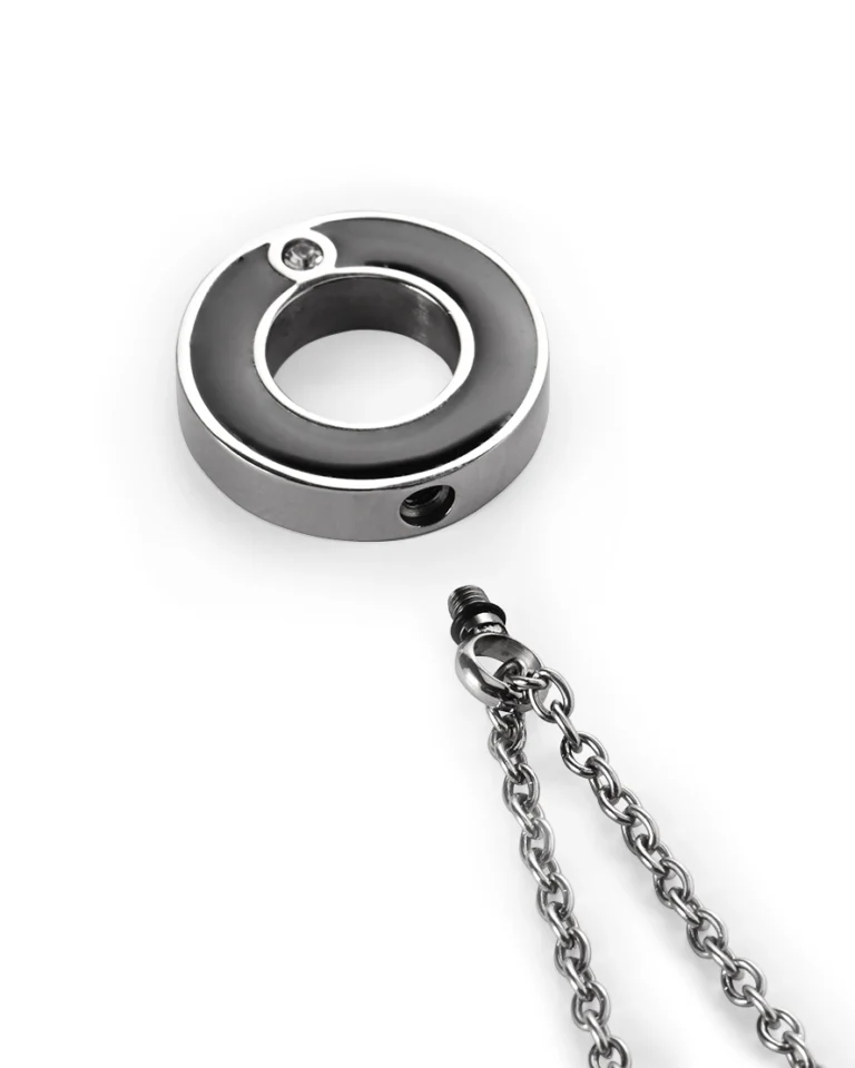 Screw-in Side opening and rubber gasket on Circle of Life cremation necklace for ashes