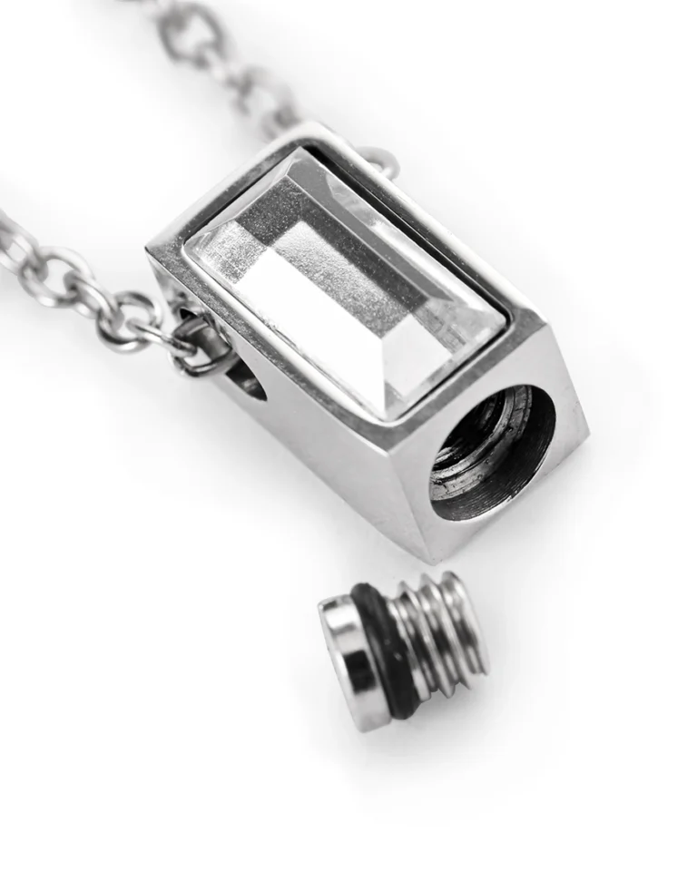Bottom screw opening and rubber gasket on clear rectangle bar urn necklace for ashes