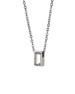 Front view of clear rectangle bar cremation necklace with faceted center and stainless steel chain