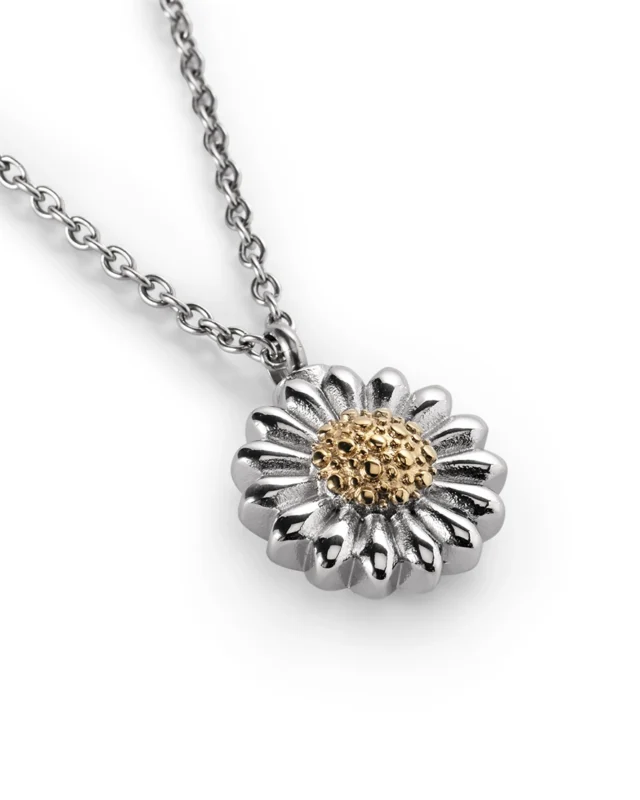 Daisy urn necklace for ashes with silver-tone petals, raised gold-tone center and stainless steel chain
