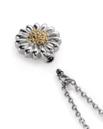 Screw-in top opening and rubber gasket on two-tone daisy urn necklace for ashes
