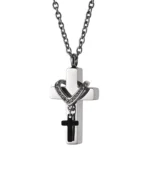 Front view of double cross cremation necklace with polished main cross, black-tone cross charm and crystal accents
