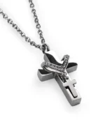 Double cross urn necklace for ashes with polished 316L stainless steel cross, black-tone cross charm and crystal-set loop