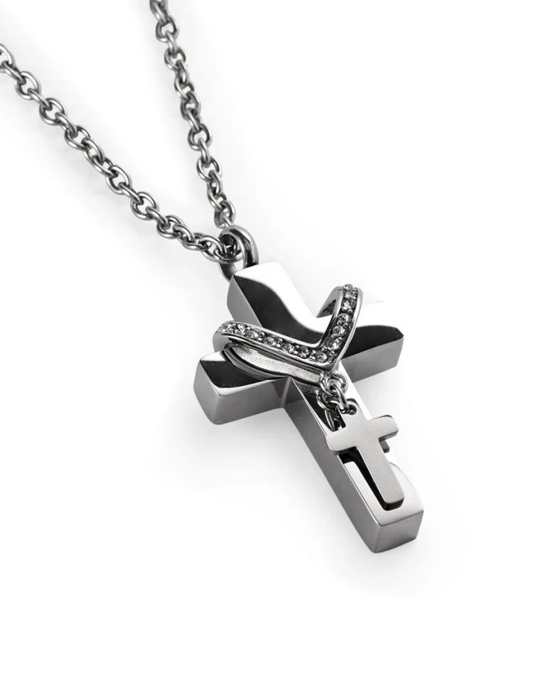 Double cross urn necklace for ashes with polished 316L stainless steel cross, black-tone cross charm and crystal-set loop