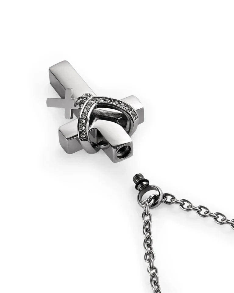Screw-in Top Bail and rubber gasket on double cross urn necklace for ashes