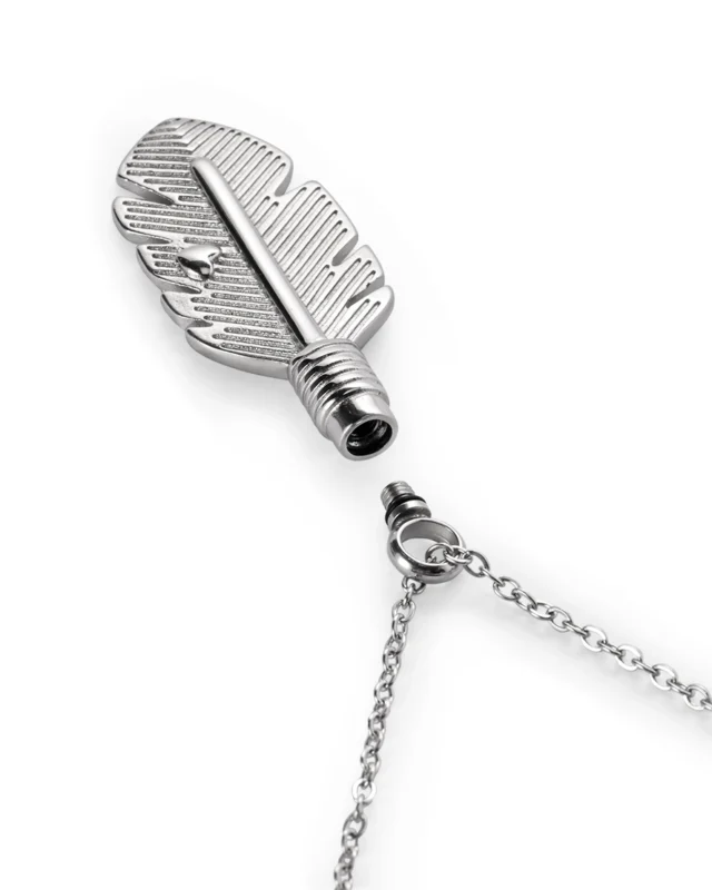 Screw-in top opening and rubber gasket on feather cremation necklace for ashes