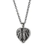 Front view of feathered heart cremation necklace with layered wing-like feather detailing