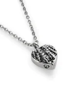 Feathered heart urn necklace for ashes with layered stainless steel feather detailing and 20 inch chain