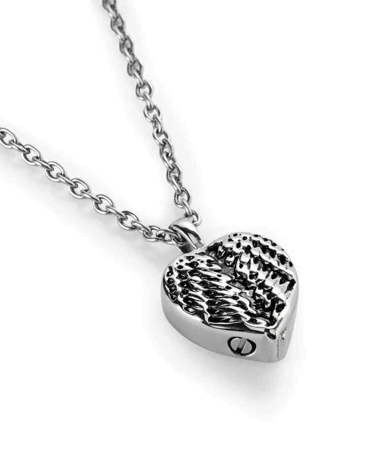 Feathered heart urn necklace for ashes with layered stainless steel feather detailing and 20 inch chain