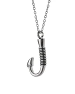 Front view of fish hook cremation necklace with ribbed stainless steel shank and 20 inch chain