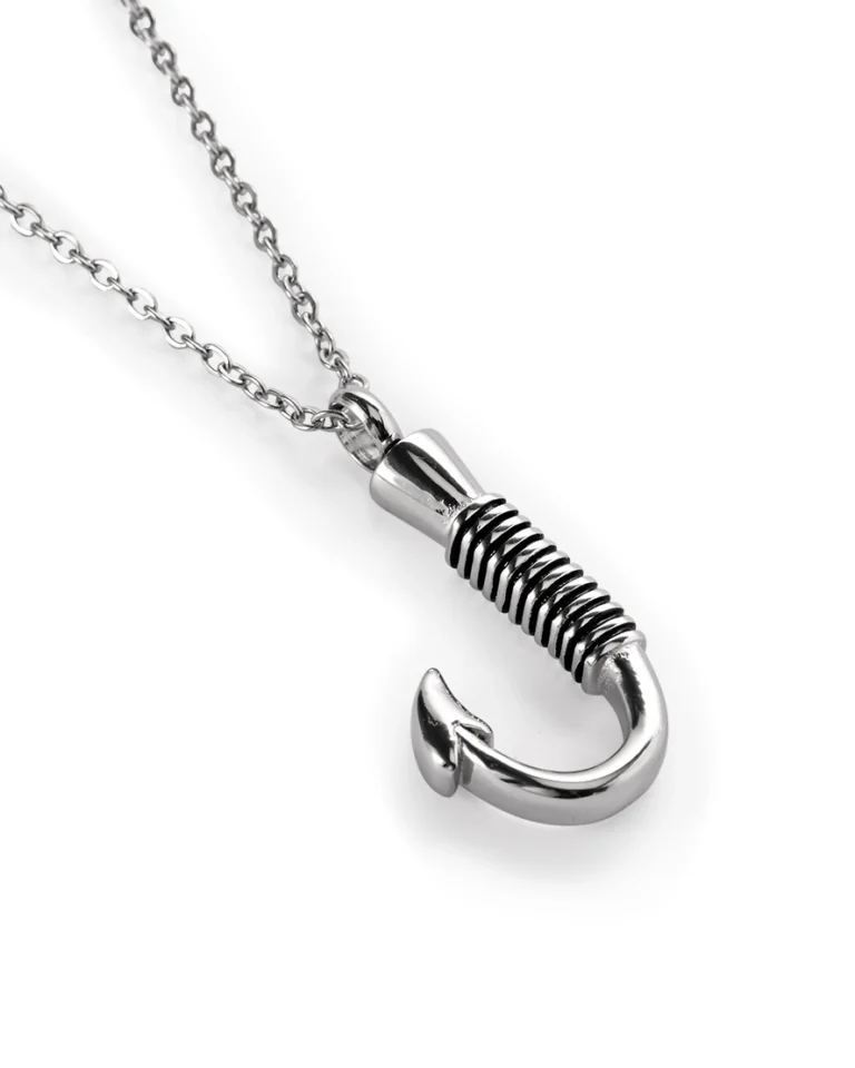 Fish hook urn necklace for ashes with polished 316L stainless steel body and ribbed shank detailing