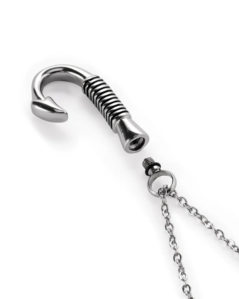 Screw-in top opening and rubber gasket on fish hook urn necklace for ashes