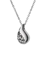 Floral teardrop cremation necklace with polished stainless steel surface and small clear stone accents