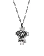 Front view of folded angel wings cross cremation necklace with layered feathers covering a polished stainless steel cross
