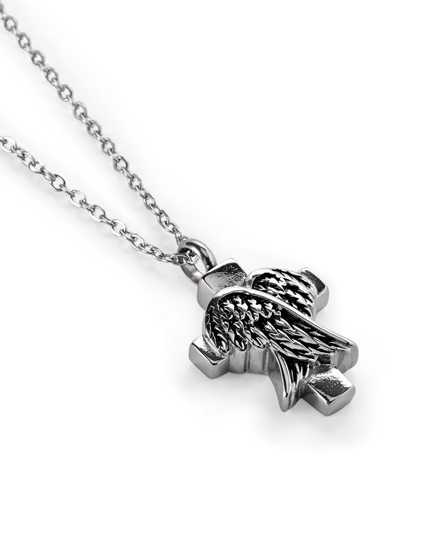 Folded Angel Wings Cross Urn Necklace for Ashes Folded angel wings cross urn necklace for ashes with layered feather wings over a polished 316L stainless steel cross