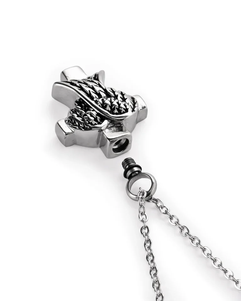 Screw-in Top Bail and rubber gasket on folded angel wings cross urn necklace for ashes
