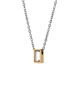 Front view of gold-tone rectangle cremation necklace with clear faceted center and silver-tone chain