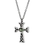 Front view of Celtic cross cremation necklace with interlaced knotwork and rounded green center
