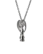 Front view of guardian angel cremation necklace with sculpted wings and stainless steel chain