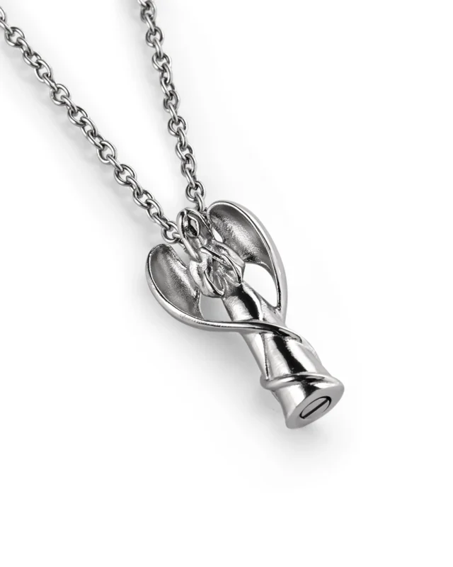 Guardian angel urn necklace for ashes with sculpted angel figure and sweeping stainless steel wings