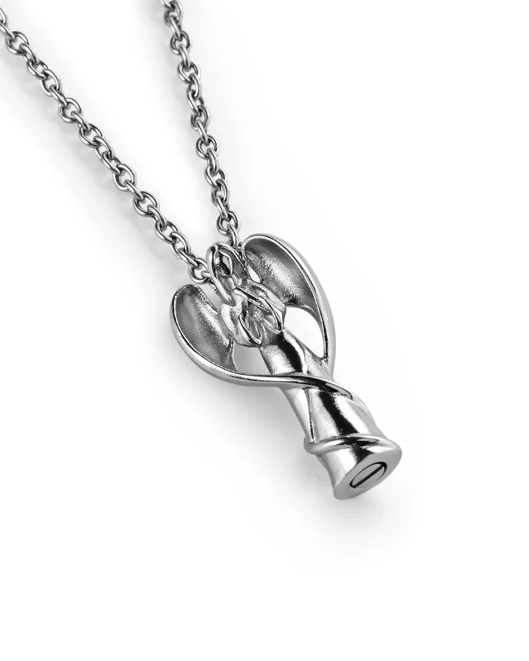 Guardian angel urn necklace for ashes with sculpted angel figure and sweeping stainless steel wings