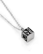 Heart cube cremation necklace showing LOVE lettering and heart motif on stainless steel pendant
